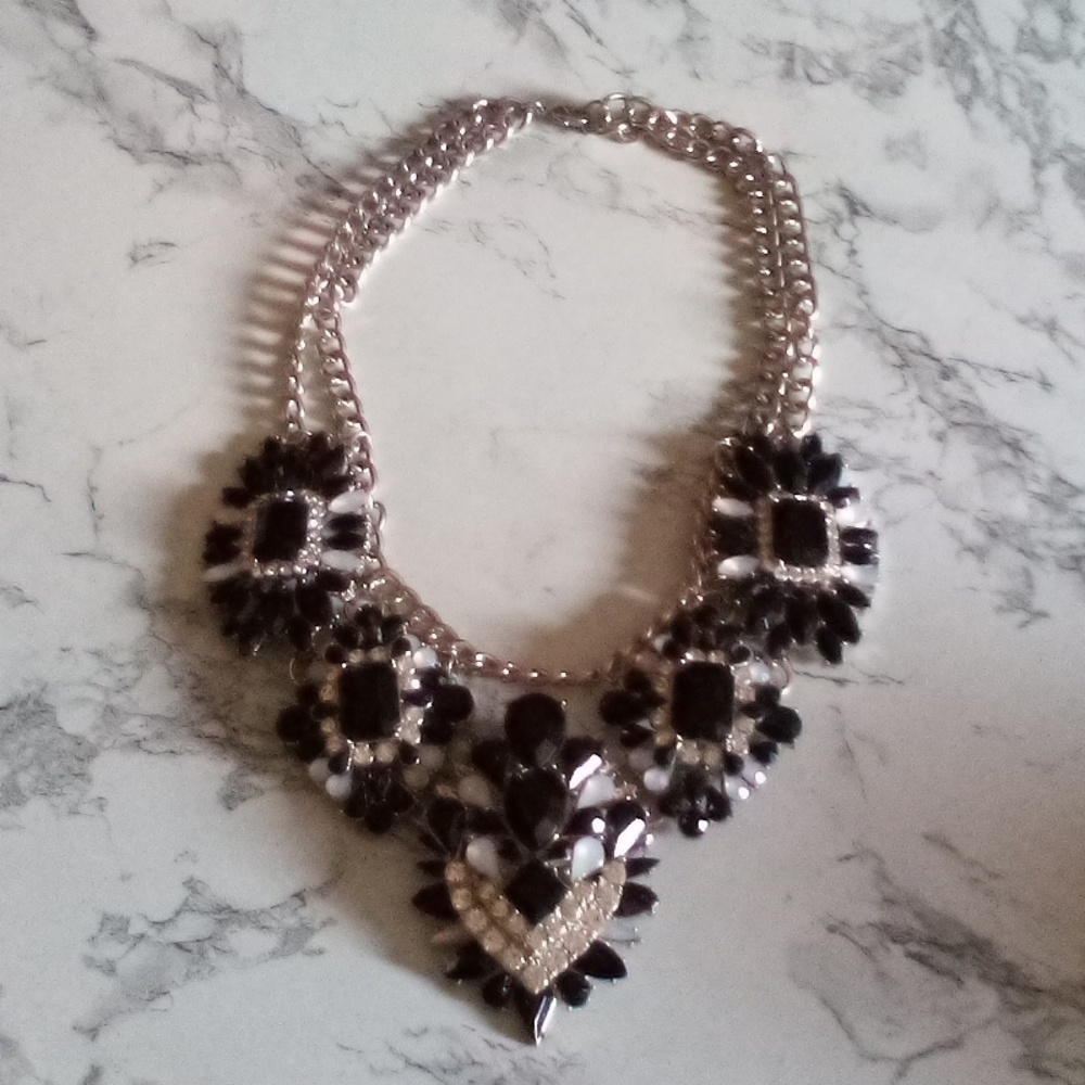 Large Impressive Black Beads, White + Clear Rhinestone ,Silver Tone Necklace